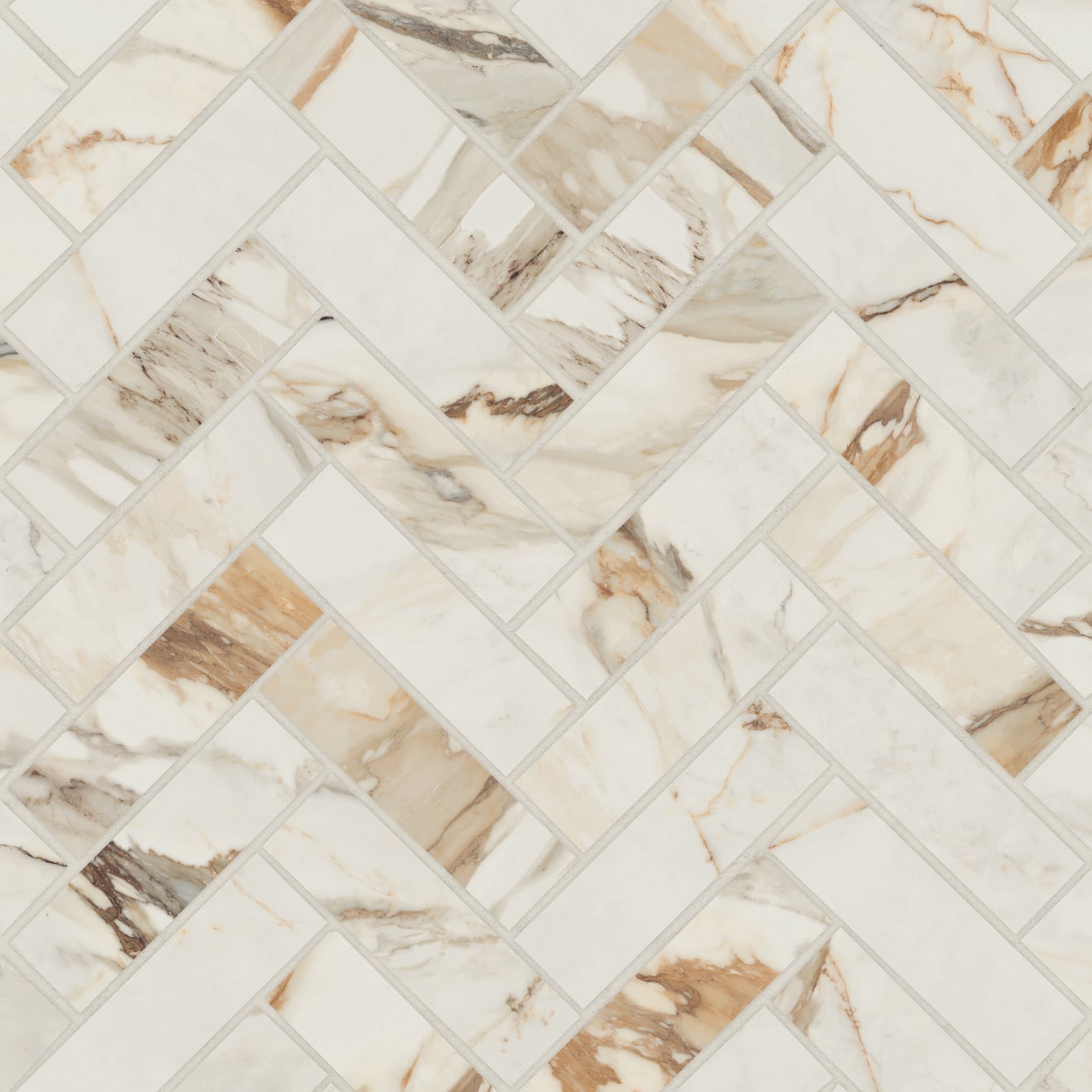 Bedrosians Magnifica Era Luxury 1" x 4" Herringbone Mosaic 12" x 12" Calacatta Borghini