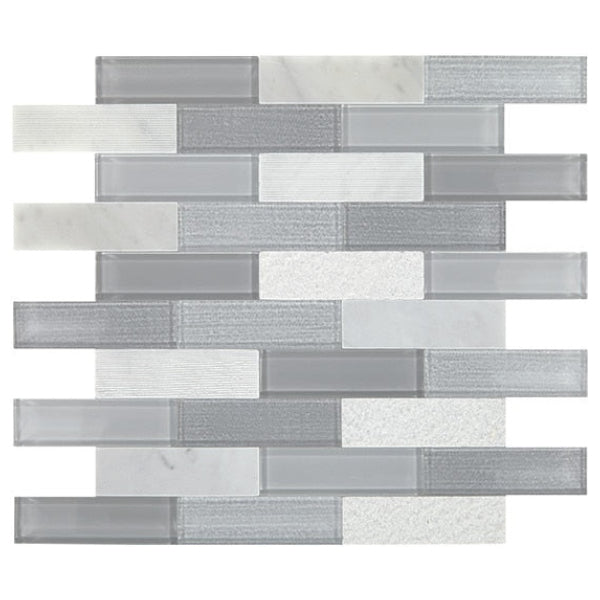 Daltile SimplyStick Mosaix 1.25" x 4" Brick Joint 12" x 12" Mix Stormy Mist and glass Blend