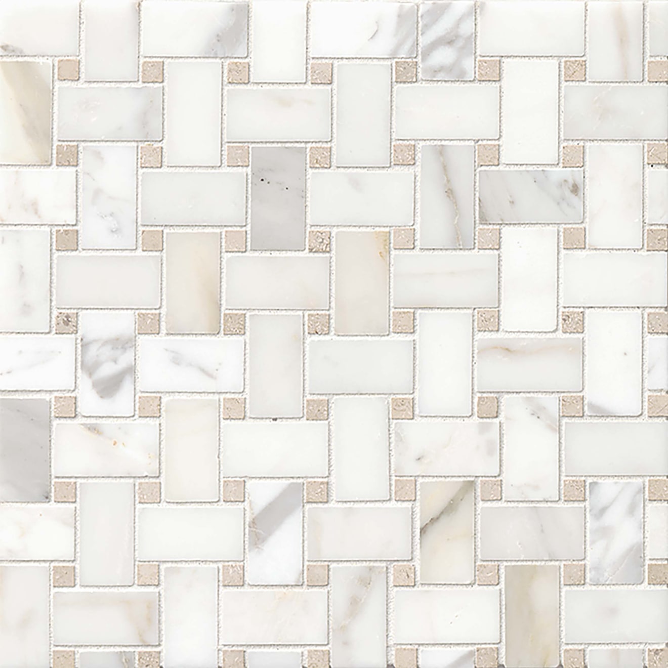 Bedrosians Basket Weave Mosaics 12" X 12"  Calacatta Oro and Jura Beige Dot