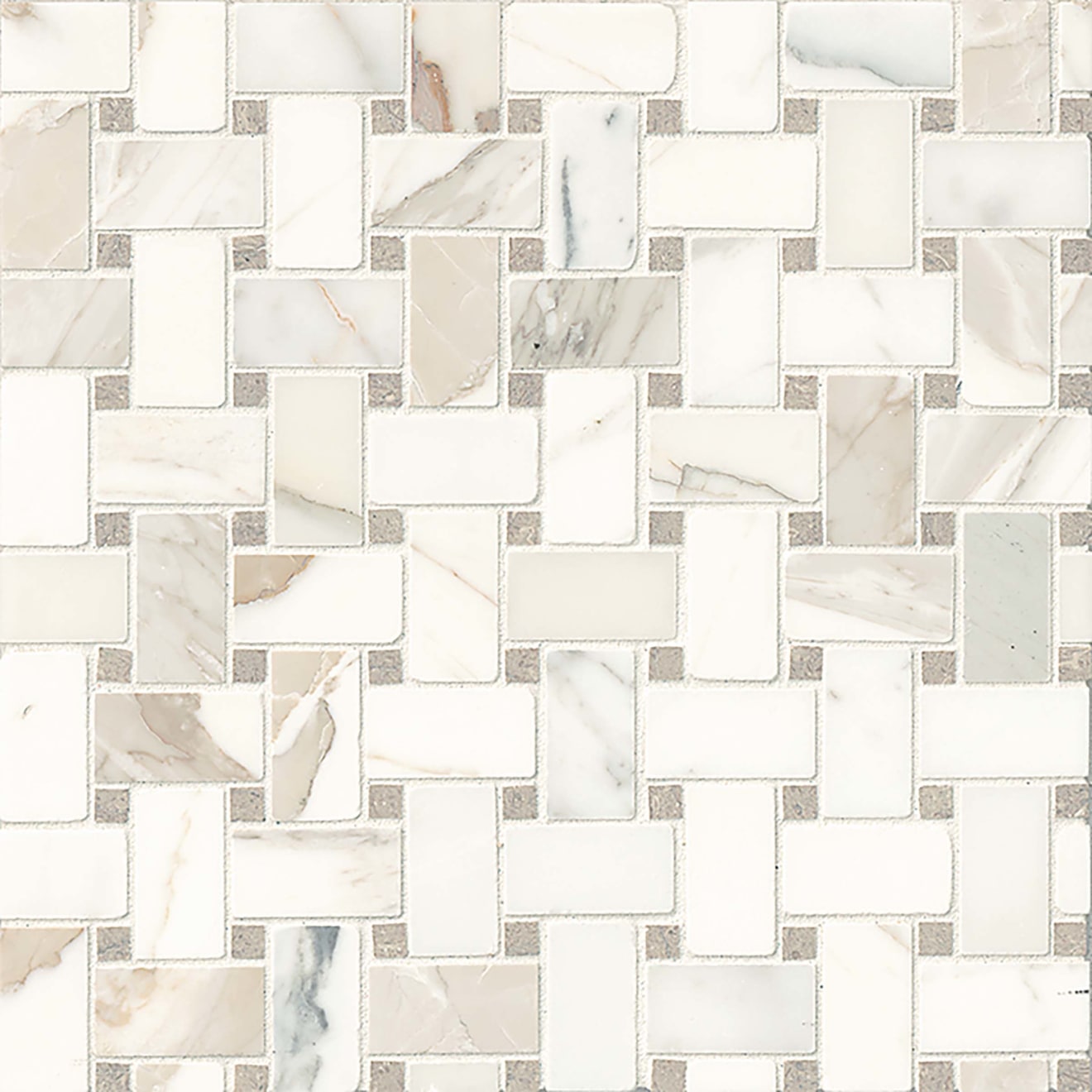Bedrosians Basket Weave Mosaics 12" X 12"  Calacatta Oro and Seagrass Dot